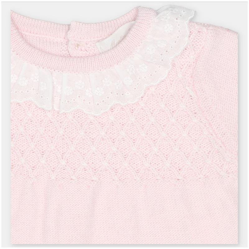 Set of baby apparel featuring a pink sweater knit top with a lace-trimmed collar, suitable for infants.