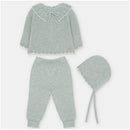 Sweater knit cotton set in Pravia Sage, featuring a top, leggings with feet, and a matching bonnet.