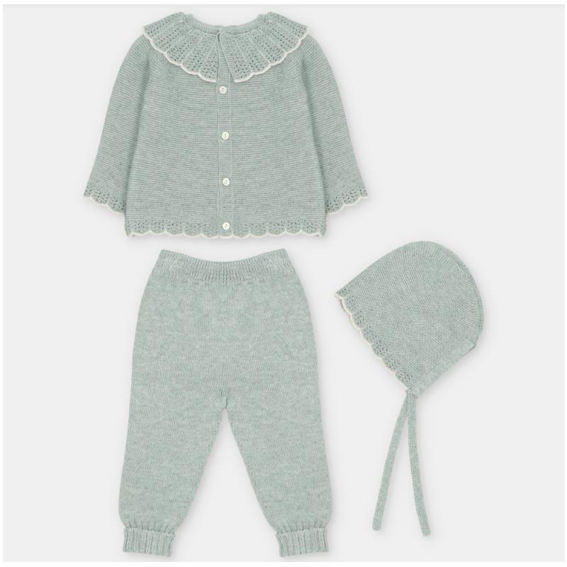 Sweater knit cotton set in Pravia Sage, featuring a button-up cardigan, leggings with feet, and a matching bonnet.