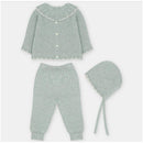 Sweater knit cotton set in Pravia Sage, featuring a button-up cardigan, leggings with feet, and a matching bonnet.