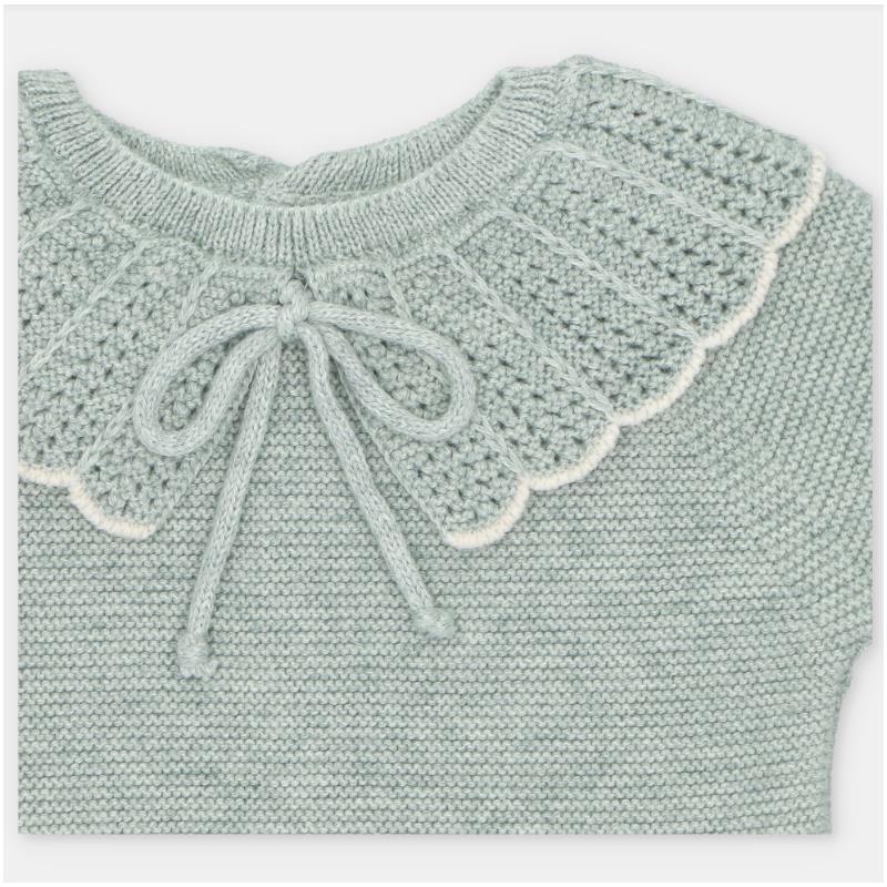 Sage green sweater knit top featuring a scalloped yoke design and a bow tie closure at the neck.