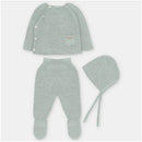 Sweater knit cotton set in Pravia Sage, includes a top, leggings with feet, and a bonnet.