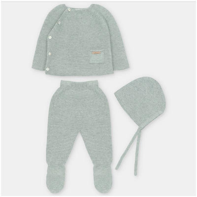 Sweater knit cotton set in Pravia Sage, includes a top, leggings with feet, and a bonnet.