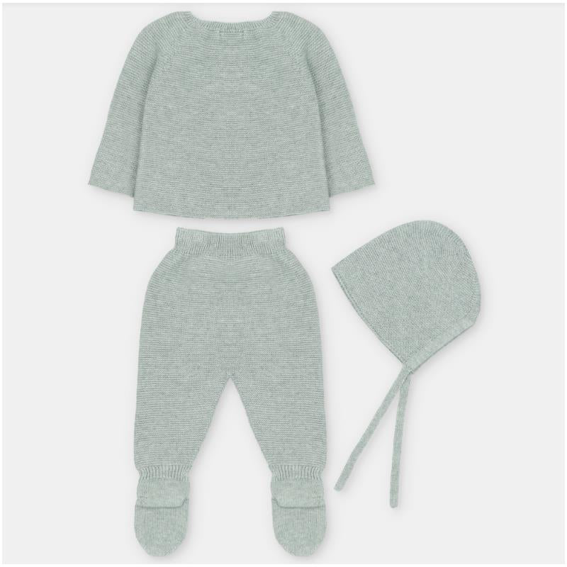 Sweater knit cotton set in Pravia Sage, featuring a top, leggings with feet, and a bonnet.