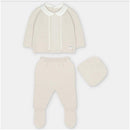 Sweater knit cotton set in Aller Beige, featuring a collared top, footed leggings, and a matching hat.