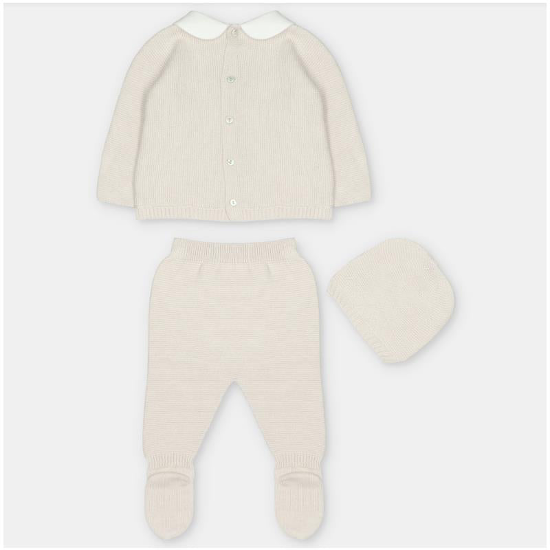 Sweater knit cotton set in Aller Beige, featuring a long-sleeve cardigan, leggings with feet, and a matching hat.