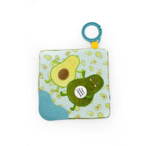 Avocado-shaped crinkle baby teether with textured silicone corner and an attached blue clip.