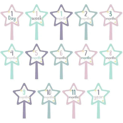 Baby milestone cards featuring star shapes with age indicators from 1 day to 1 year, in pastel colors.