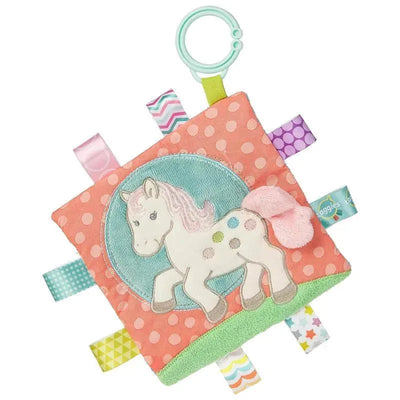 Colorful soft baby toy featuring a prancing pony design, textured tags, and a hanging ring for sensory play.