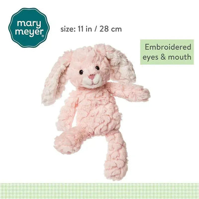 Soft pink bunny toy with embroidered eyes and mouth, measuring 11 inches, designed for children.