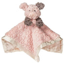 Soft pink blanket with a piglet head and plush arms, featuring a textured surface and satin trim.