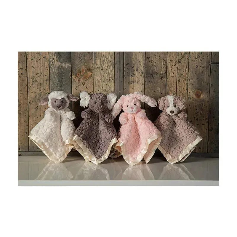 Mary Meyer Putty Nursery Character Blanket featuring four plush character blankets: a piglet, bunny, bear, and dog, with various colors and textures.
