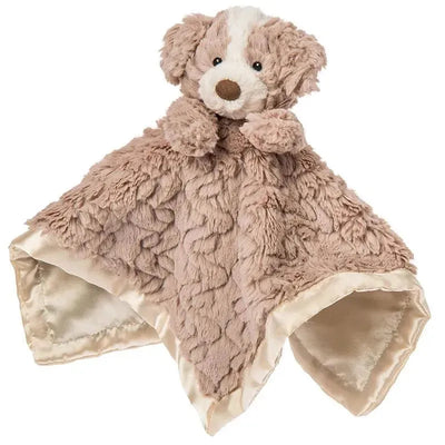 Soft beige blanket featuring a plush puppy head at the center, ideal for infants and toddlers.
