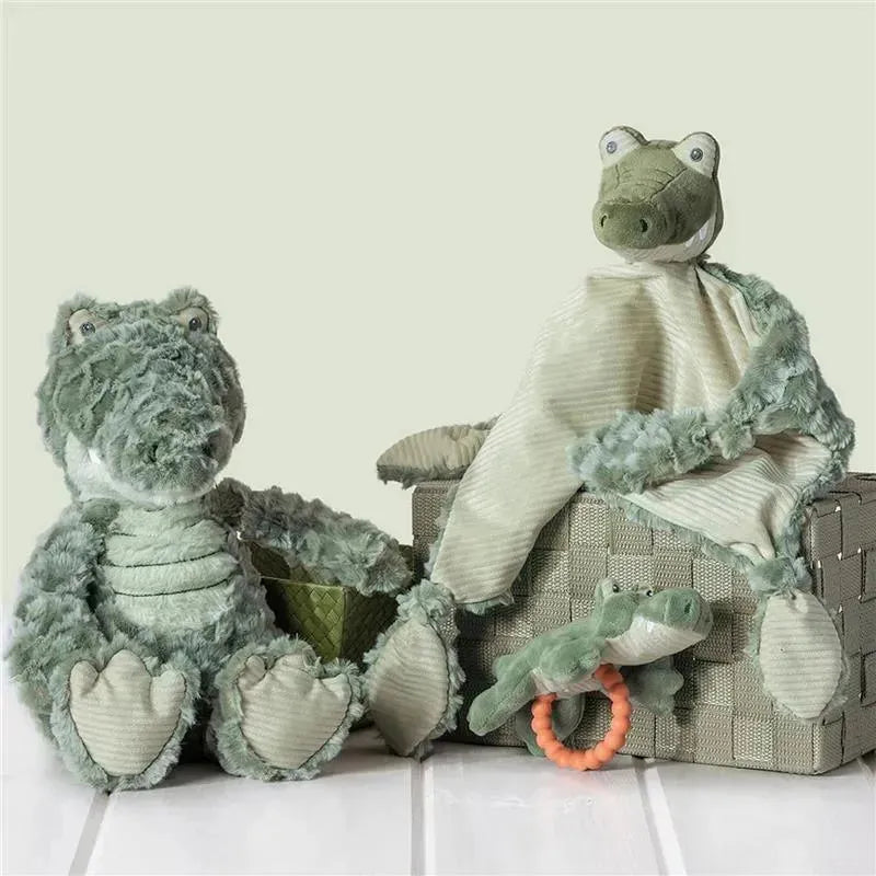 Stuffed alligator lovey blanket with plush toy, featuring soft textures and calming colors, ideal for infants.
