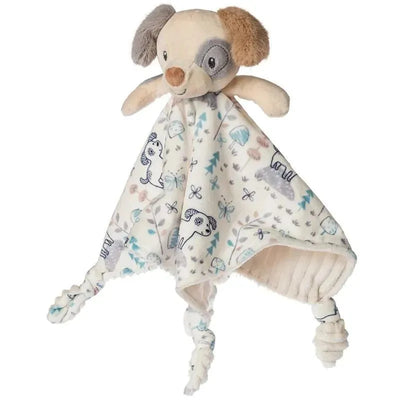 Stuffed animal lovey security blanket featuring Sparky Puppy, with soft fabric and playful animal patterns.