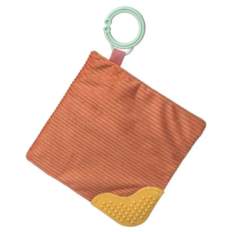 Soft, textured crinkle teether toy in coral orange with yellow rubber teething area and mint green attachment ring.