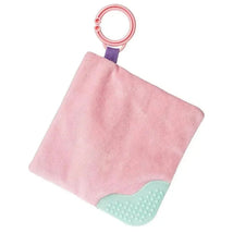 Mary Meyer Sweet Soothie Crinkle Teether Toy, featuring a pink plush texture and a mint green textured corner.