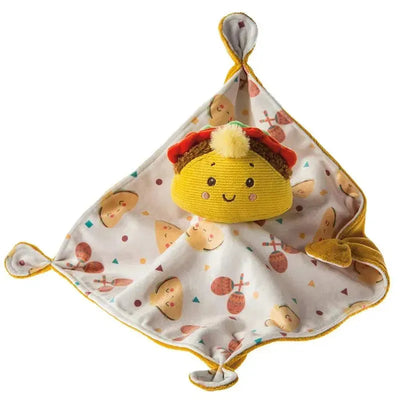 Soft baby blanket toy featuring a taco character with a smiling face and colorful food-themed fabric.