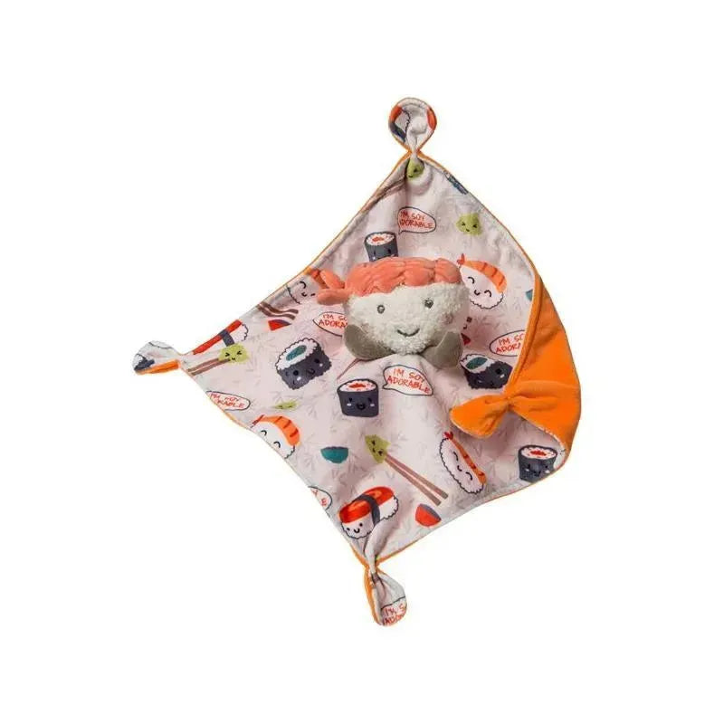 Mary Meyer Sweet Sushi Soothie featuring a plush sushi character with a patterned blanket depicting sushi designs.