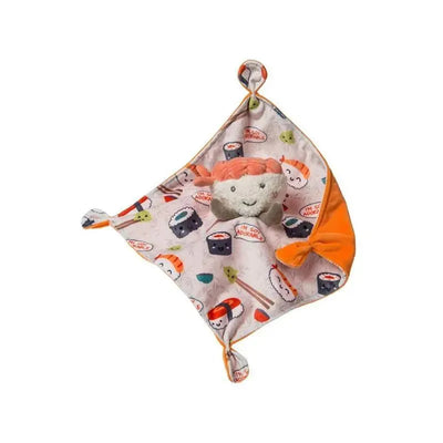 Mary Meyer Sweet Sushi Soothie featuring a plush sushi character with a patterned blanket depicting sushi designs.