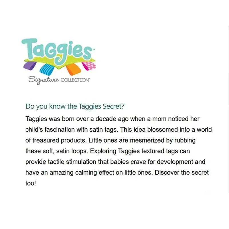 Mary Meyer Taggies Crinkle Me Brother Puppy featuring soft fabric and colorful satin tags for tactile stimulation and comfort.