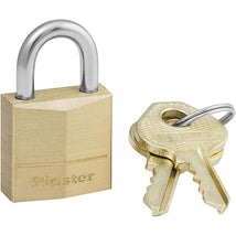 Brass Master Lock with a silver shackle beside two keys, all designed for secure locking solutions.