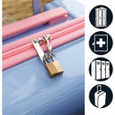 Brass padlock visibly securing a pink zipper on a blue bag, with icons for various uses displayed alongside.