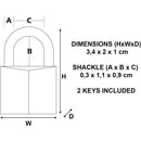 Brass padlock dimensions: 3.4 x 2 x 1 cm; includes shackle measurements and two keys included.