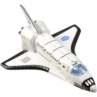 White space shuttle toy with blue windows and NASA logos, designed for play with light and sound features.