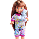 Evi Love Pijama Unicorn Doll wearing colorful pajamas, holding a small unicorn toy, with long brown hair and blue eyes.
