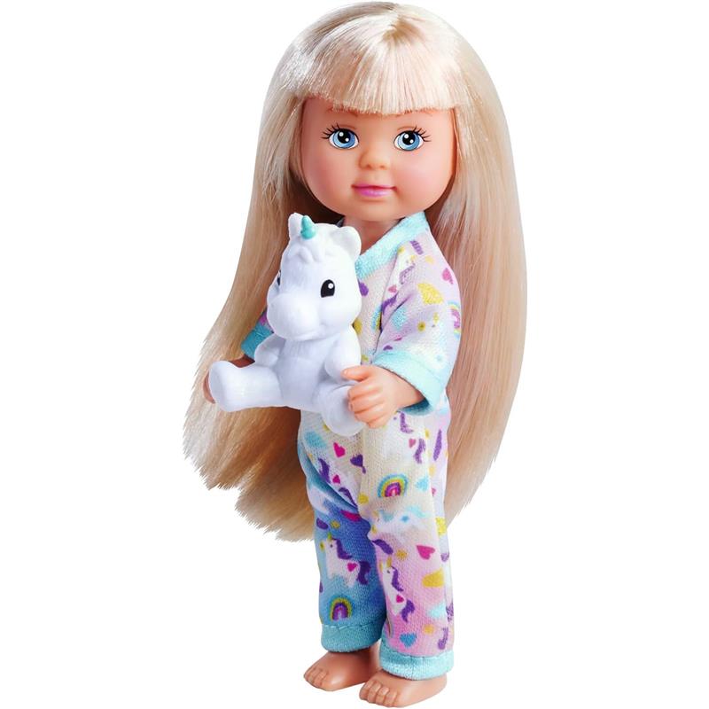 Evi Love doll in colorful unicorn pajamas, holding a small white unicorn toy, featuring long blonde hair and blue eyes.