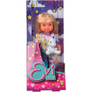 Evi Love doll in colorful pajamas holds a small unicorn, displayed in a vibrant, starry-themed packaging.
