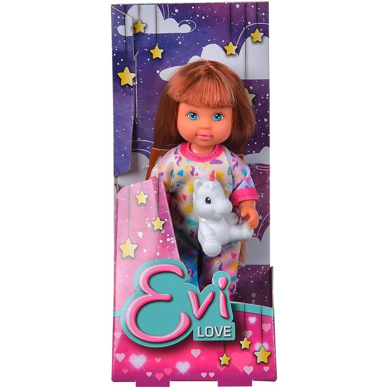 Evi Love Pijama Unicorn Doll in colorful pajamas, holding a small unicorn toy, inside a vibrant packaging with stars.