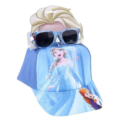 Frozen-themed sunglasses cap set featuring characters Elsa and Anna, with colorful graphics and matching sunglasses.