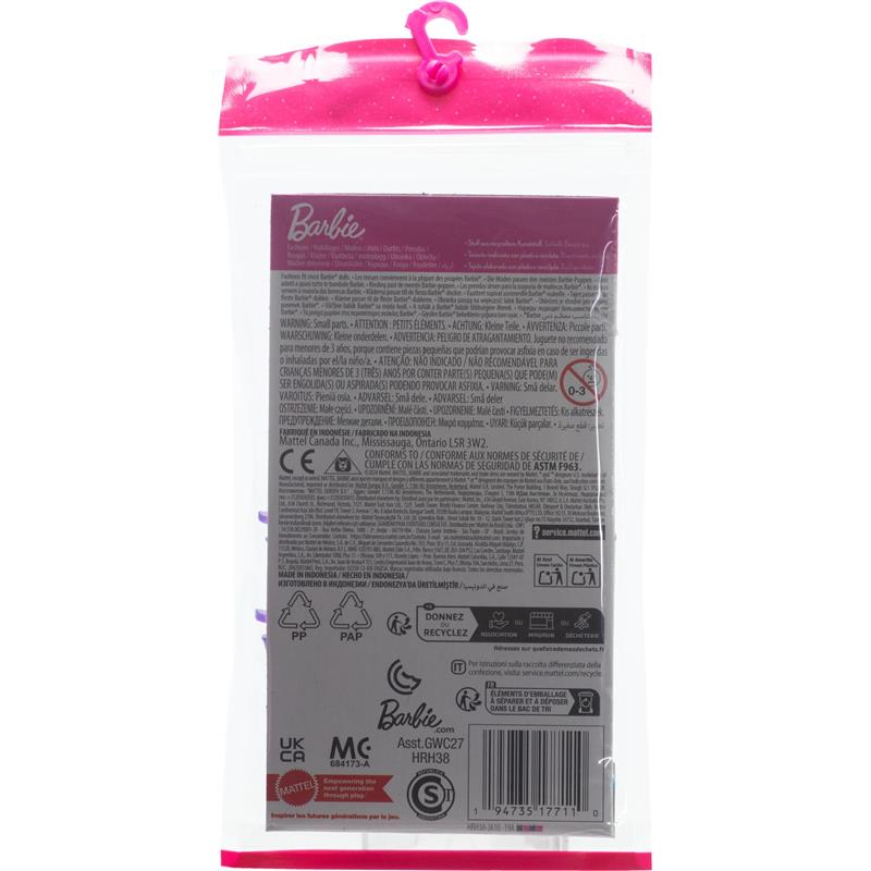 Barbie Complete Looks Fashion packaging featuring safety information and product details on a pink and white background.