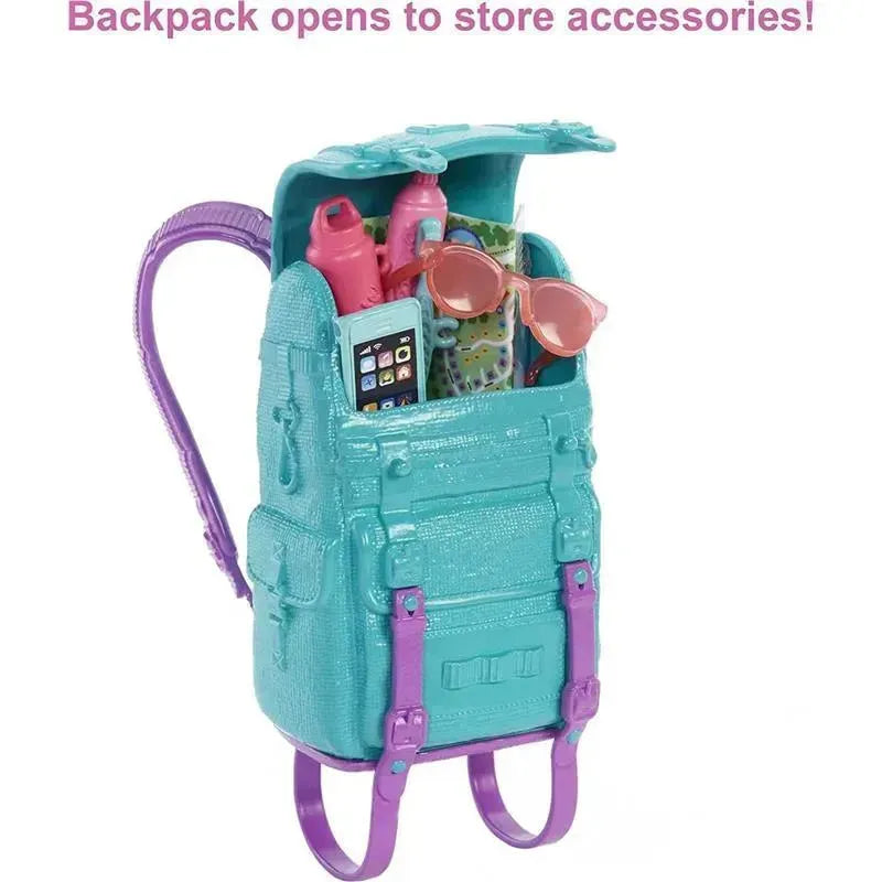 Turquoise and purple backpack filled with accessories, including water bottles, sunglasses, and a smartphone.
