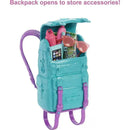 Turquoise and purple backpack filled with accessories, including water bottles, sunglasses, and a smartphone.