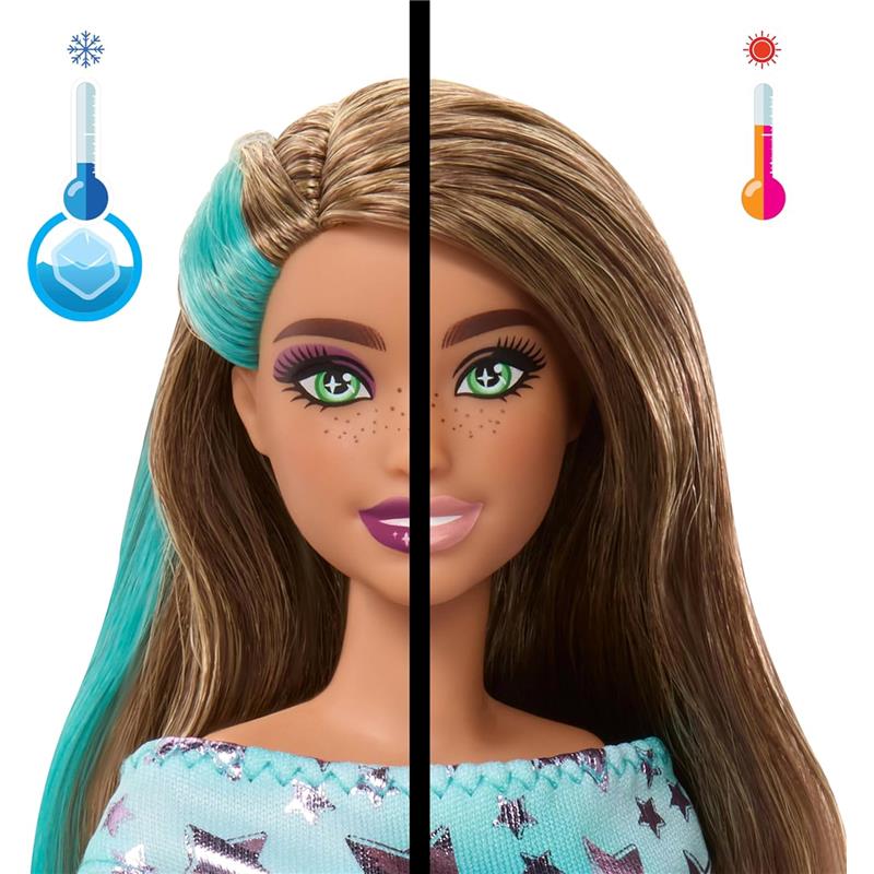 Barbie doll with split hairstyle, showing a cool-toned side with turquoise highlights and warm-toned side with brown hair, featuring green eyes.