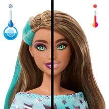 Barbie doll with split hairstyle, showing a cool-toned side with turquoise highlights and warm-toned side with brown hair, featuring green eyes.