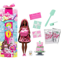 Barbie Party Unboxed Doll holding a gift, with cake, puppy, accessories, and colorful packaging featuring fun designs.