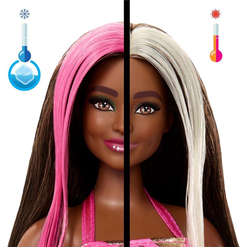 Barbie doll with dual-tone hair, one side pink and the other side white, showcasing color change with temperature.