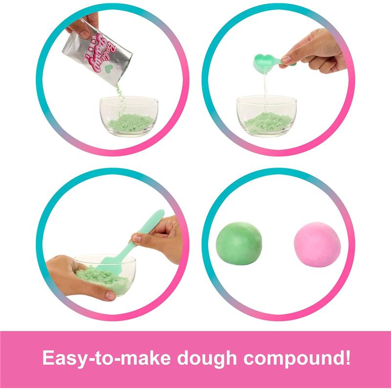 Four steps to create dough with a green and pink compound, showing mixing tools and finished dough shapes.
