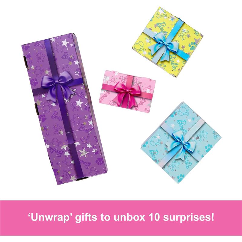 Barbie-themed gift boxes in pastel colors, including purple, pink, blue, and yellow, with bows, promoting unboxing 10 surprises.