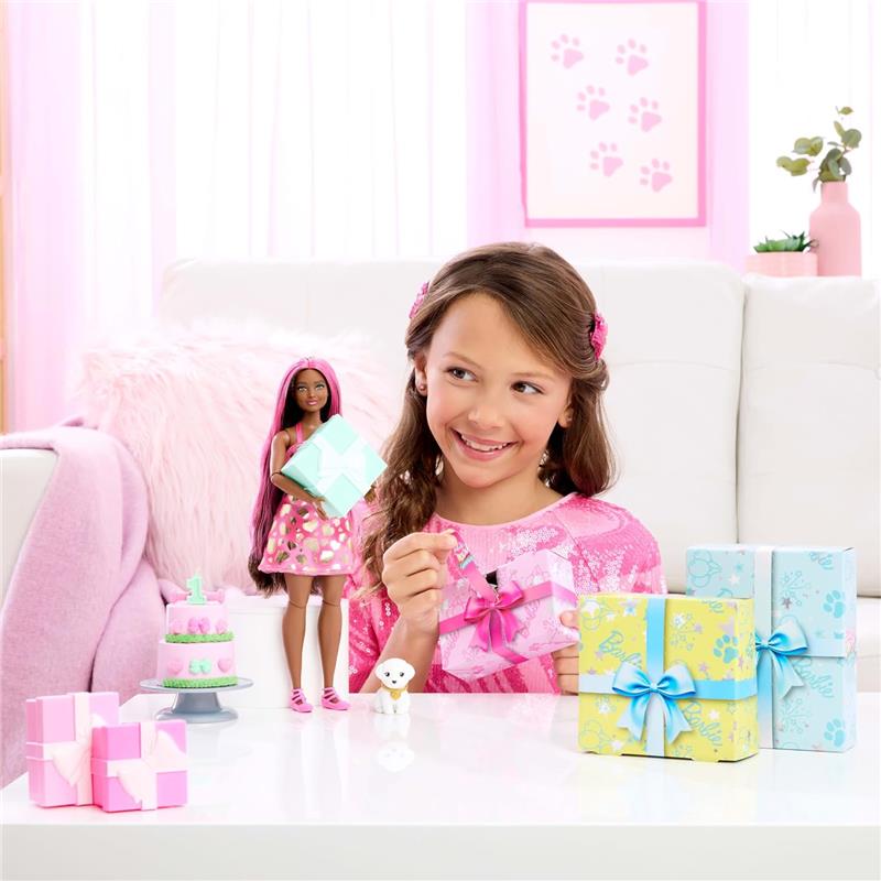 Barbie doll with pink highlights stands next to a child holding a gift, surrounded by colorful presents, a cake, and a puppy figure.