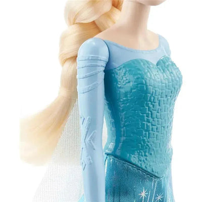 Disney Frozen Core Doll, Elsa, features a detailed blue dress, long blonde hair styled in a braid, and icy design elements.