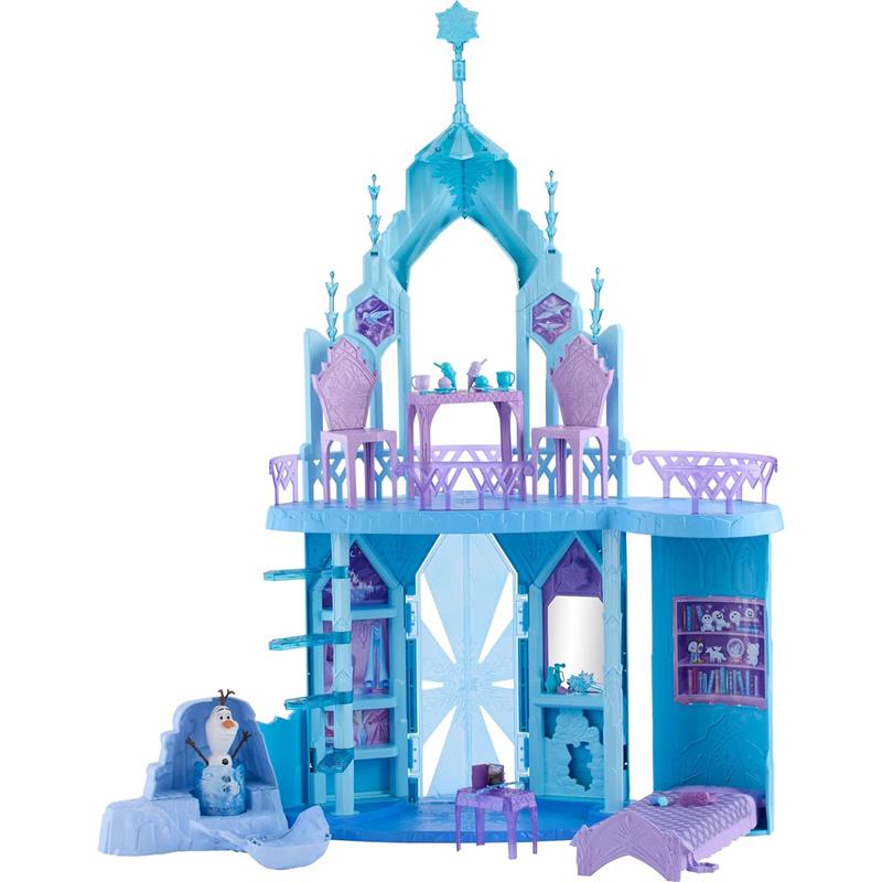Disney Frozen Elsa Ice Castle Playset featuring Olaf, detailed with icy blue and purple colors, chairs, and furniture.