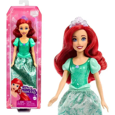 Disney Princess Ariel Fashion Doll with red hair, tiara, and green dress, displayed in packaging. Suitable for ages 3+.