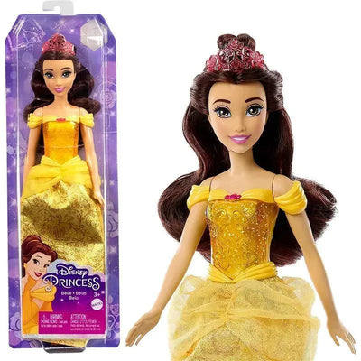 Disney Princess Belle fashion doll dressed in a gold gown with pink accents, featuring a tiara and long brown hair.