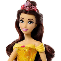 Disney Princess Belle Fashion Doll wearing a yellow gown with a pink crown and long, brown hair.