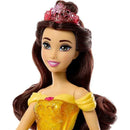 Disney Princess Belle Fashion Doll wearing a yellow gown with a pink crown and long, brown hair.